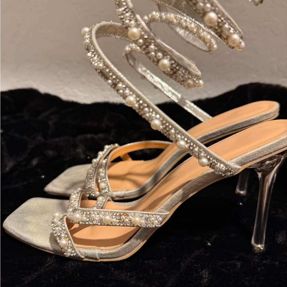 Elegant Silver Strappy Heels with Pearl Detailing